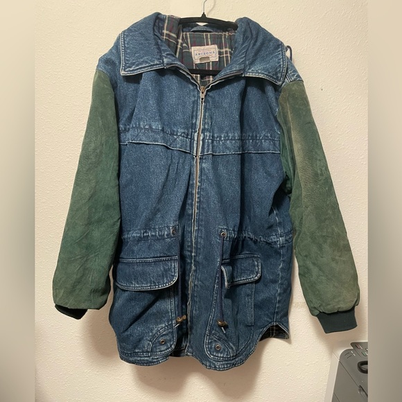 Vintage Arizona 90s Jean Jacket Flannel Lined Suede Leather Sleeves chore Coat L - Picture 9 of 15